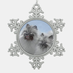 Keeshond Pair of Kees Painting Original Animal Art Snowflake Pewter Christmas Ornament