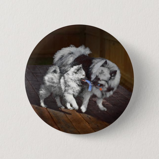 Keeshond Playtime Painting - Cute Original Dog Art Button (Front)