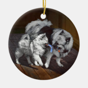 Keeshond Playtime Painting - Cute Original Dog Art Ceramic Ornament