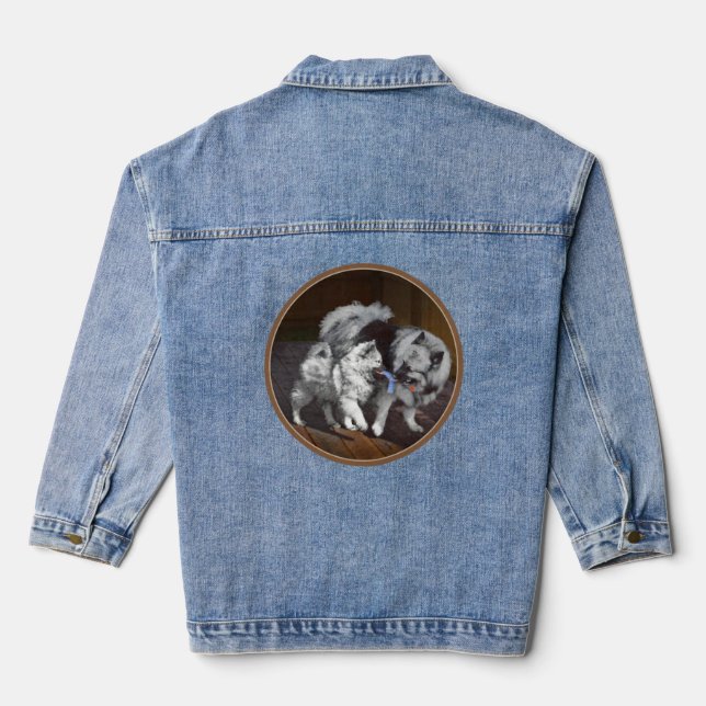 Keeshond Playtime Painting - Cute Original Dog Art Denim Jacket (Back)