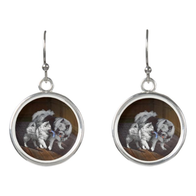 Keeshond Playtime Painting - Cute Original Dog Art Earrings (Front)