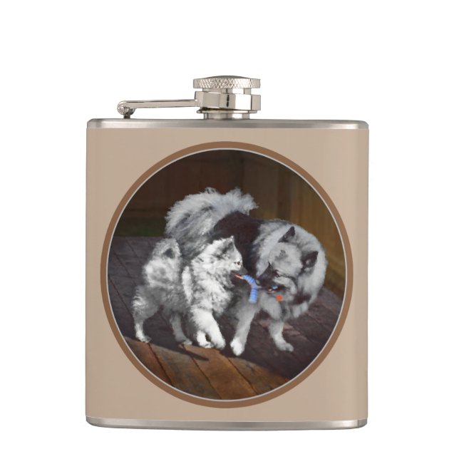 Keeshond Playtime Painting - Cute Original Dog Art Flask (Front)