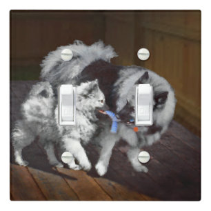 Keeshond Playtime Painting - Cute Original Dog Art Light Switch Cover