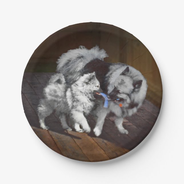Keeshond Playtime Painting - Cute Original Dog Art Paper Plates (Front)
