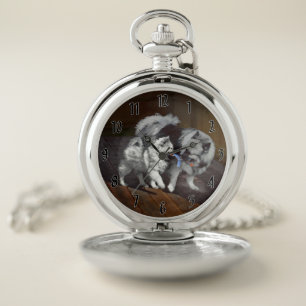 Keeshond Playtime Painting - Cute Original Dog Art Pocket Watch