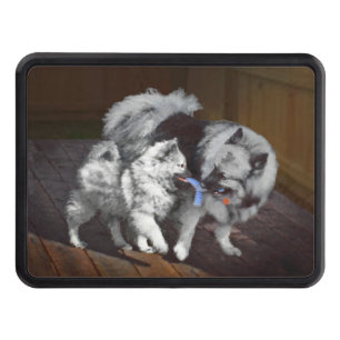 Keeshond Playtime Painting - Cute Original Dog Art Tow Hitch Cover