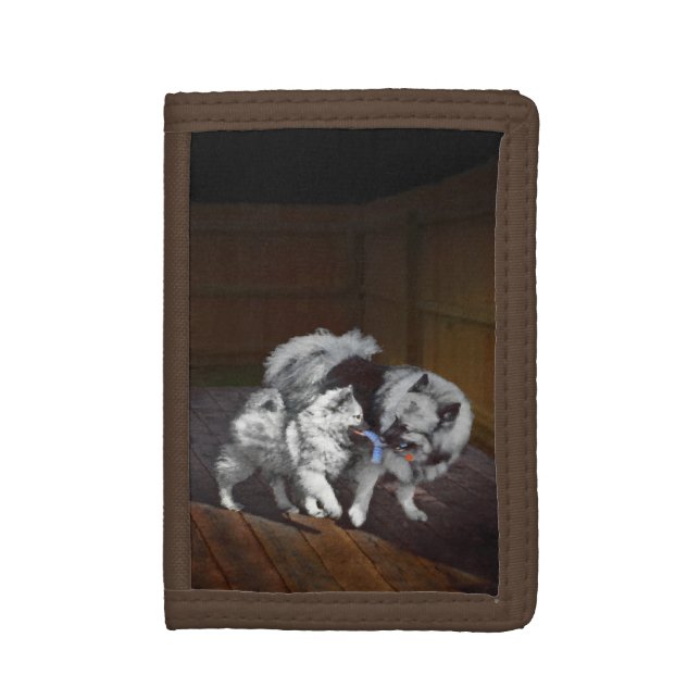 Keeshond Playtime Painting - Cute Original Dog Art Trifold Wallet (Front Vertical)