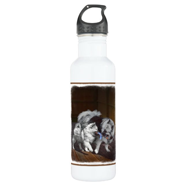Keeshond Playtime Painting - Cute Original Dog Art Water Bottle (Front)