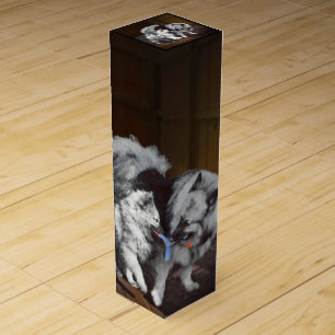 Keeshond Playtime Painting - Cute Original Dog Art Wine Box