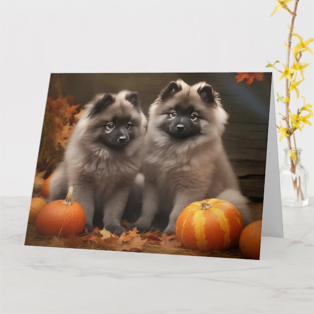 Keeshond Puppy Autumn Delight Pumpkin Card (Yellow Flower)