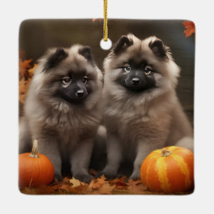 Keeshond Puppy Autumn Delight Pumpkin Ceramic Ornament