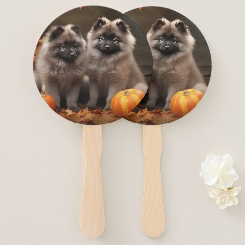 Keeshond Puppy Autumn Delight Pumpkin Hand Fan