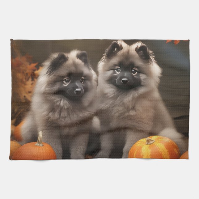 Keeshond Puppy Autumn Delight Pumpkin Kitchen Towel (Horizontal)