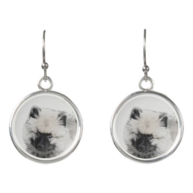 Keeshond Puppy Drawing - Cute Original Dog Art Earrings (Front)