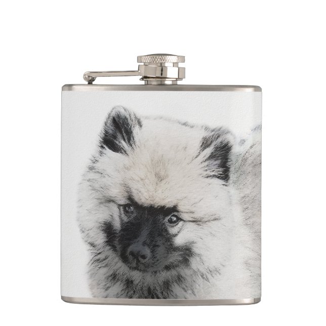 Keeshond Puppy Drawing - Cute Original Dog Art Flask (Front)