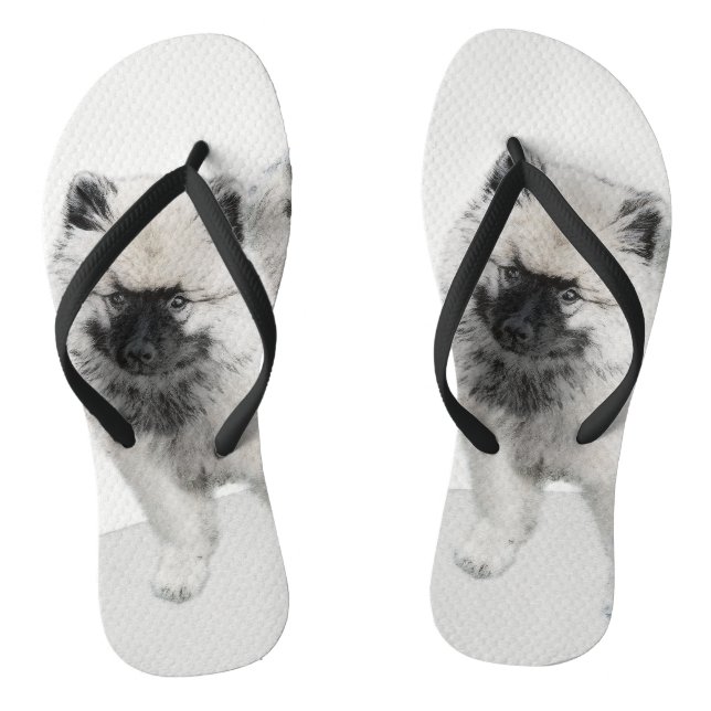 Keeshond Puppy Drawing - Cute Original Dog Art Flip Flops (Footbed)