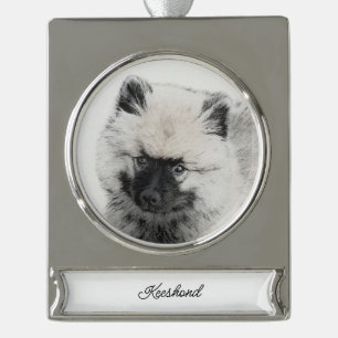 Keeshond Puppy Drawing - Cute Original Dog Art Silver Plated Banner Ornament