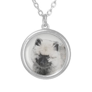 Keeshond Puppy Drawing - Cute Original Dog Art Silver Plated Necklace