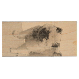 Keeshond Puppy Drawing - Cute Original Dog Art Wood Flash Drive