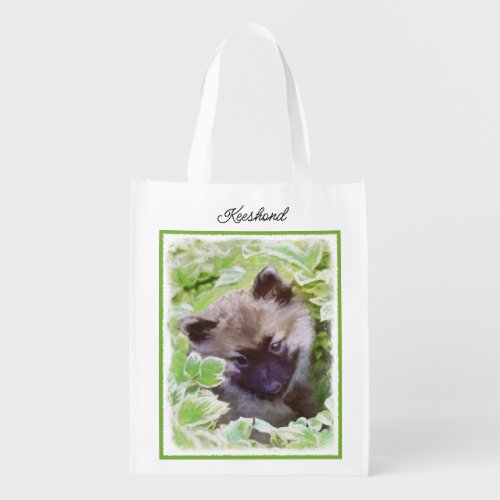 Keeshond Puppy in the Garden Painting Original Art Grocery Bag
