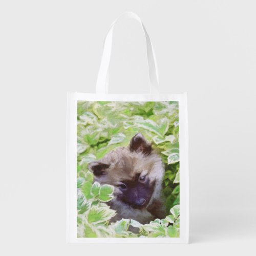 Keeshond Puppy in the Garden Painting Original Art Grocery Bag