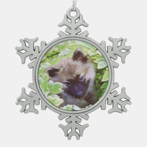 Keeshond Puppy in the Garden Painting Original Art Snowflake Pewter Christmas Ornament