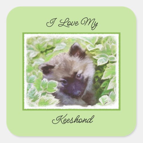 Keeshond Puppy in the Garden Painting Original Art Square Sticker