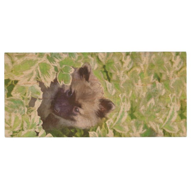 Keeshond Puppy in the Garden Painting Original Art Wood Flash Drive (Front)