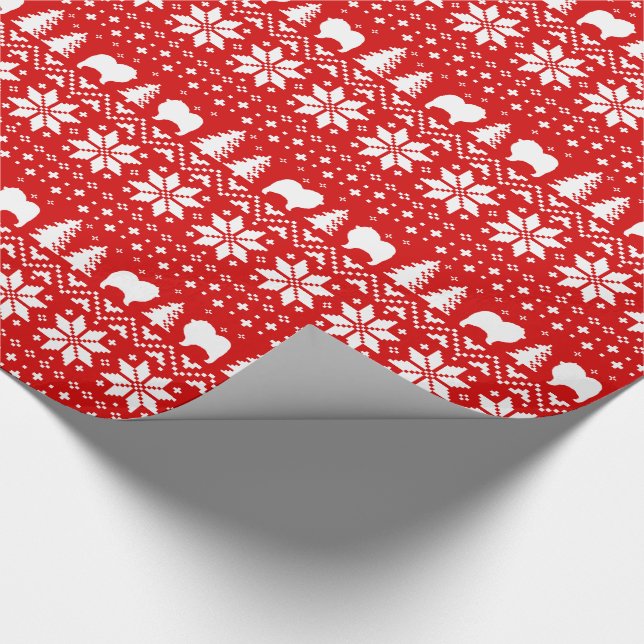 Keeshond Silhouettes Christmas Sweater Pattern Red Wrapping Paper (Corner)