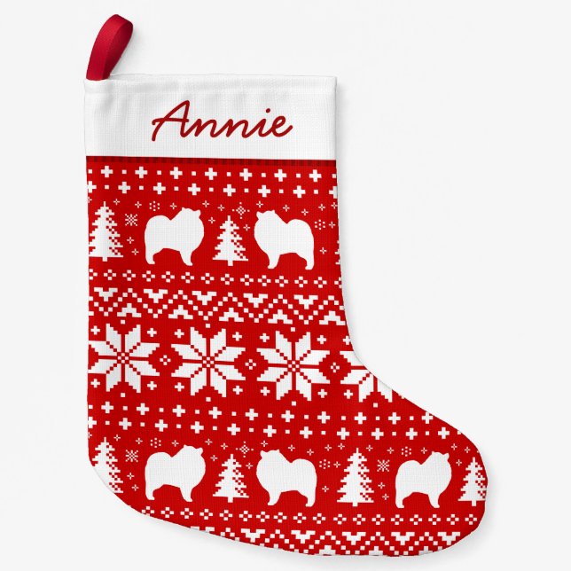 Keeshond Silhouettes Pattern Red and White Cute Small Christmas Stocking (Front)