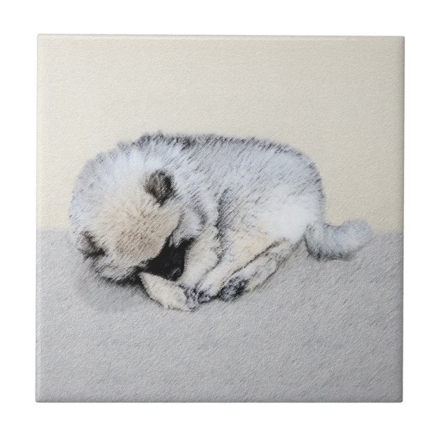 Keeshond Sleeping Puppy Painting Original Dog Art Ceramic Tile (Front)