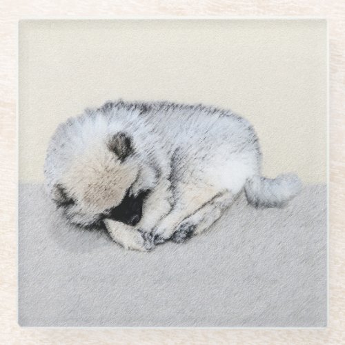 Keeshond Sleeping Puppy Painting Original Dog Art Glass Coaster