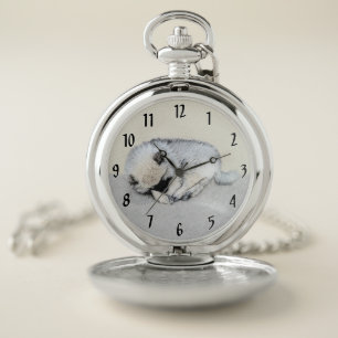 Keeshond Sleeping Puppy Painting Original Dog Art Pocket Watch
