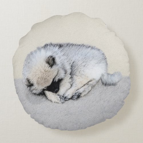 Keeshond Sleeping Puppy Painting Original Dog Art Round Pillow