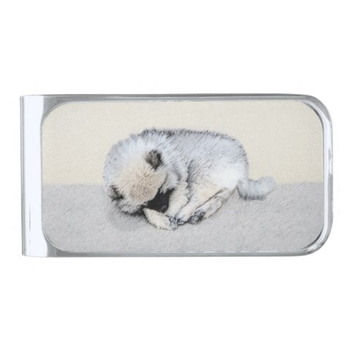 Keeshond Sleeping Puppy Painting Original Dog Art Silver Finish Money Clip