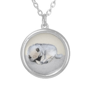 Keeshond Sleeping Puppy Painting Original Dog Art Silver Plated Necklace