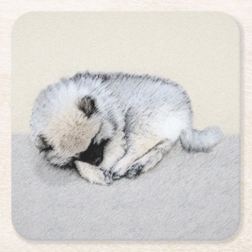 Keeshond Sleeping Puppy Painting Original Dog Art Square Paper Coaster