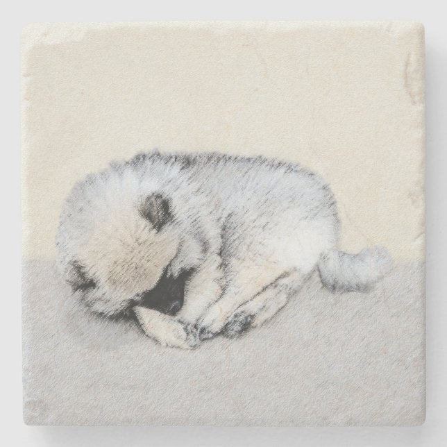 Keeshond Sleeping Puppy Painting Original Dog Art Stone Coaster (Front)