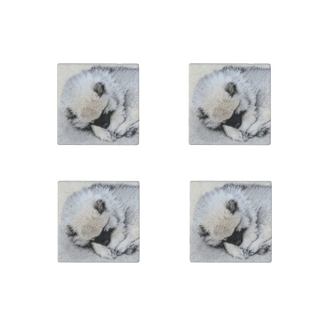 Keeshond Sleeping Puppy Painting Original Dog Art Stone Magnet (Front)