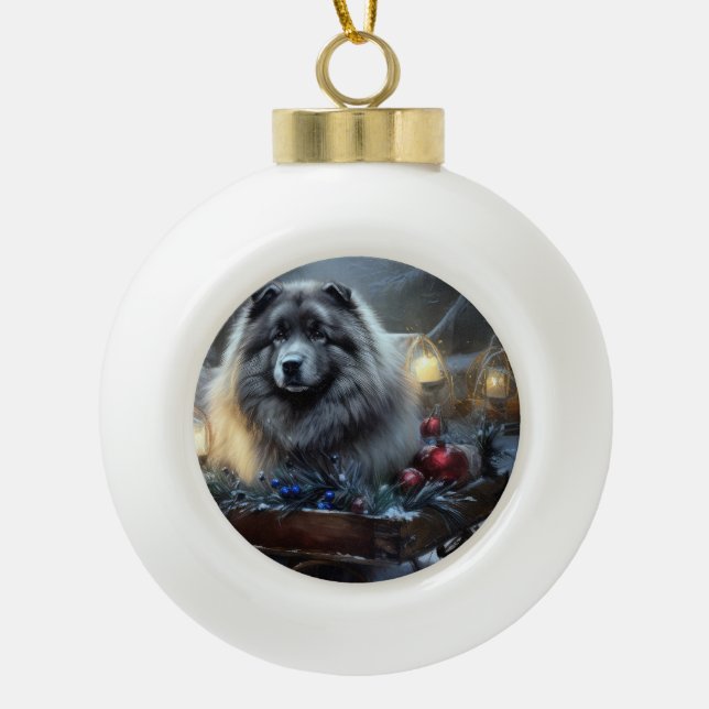 Keeshond Snowy Sleigh Christmas Decor Ceramic Ball Christmas Ornament (Front)