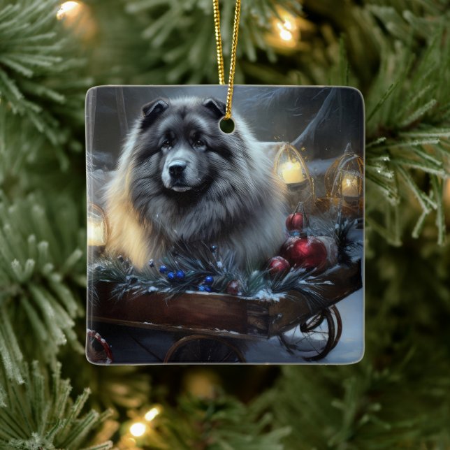 Keeshond Snowy Sleigh Christmas Decor Ceramic Ornament (Tree)
