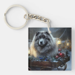 Keeshond Snowy Sleigh Christmas Decor Keychain