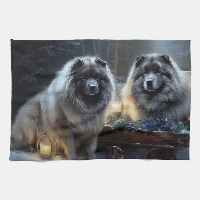 Keeshond Snowy Sleigh Christmas Decor Kitchen Towel (Horizontal)