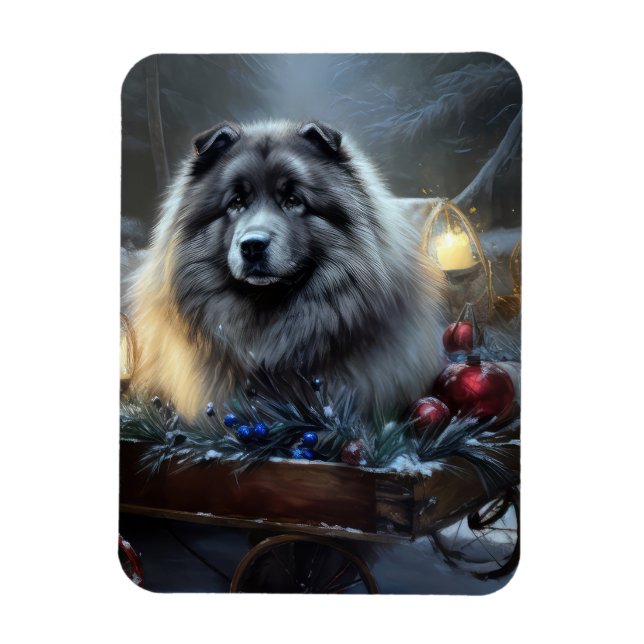 Keeshond Snowy Sleigh Christmas Decor Magnet (Vertical)