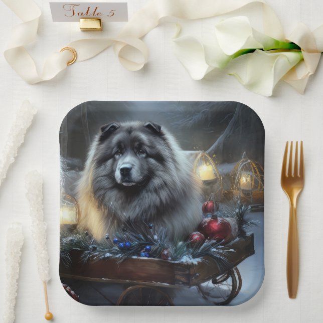 Keeshond Snowy Sleigh Christmas Decor Paper Plates (Wedding)