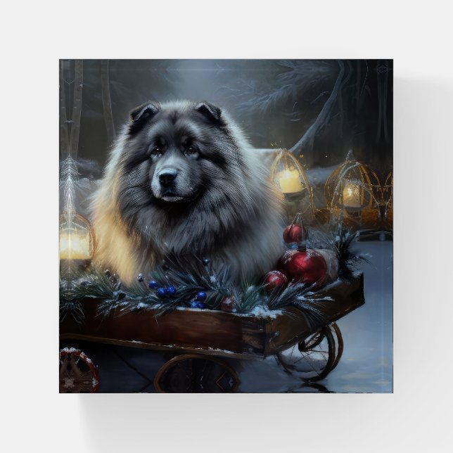 Keeshond Snowy Sleigh Christmas Decor Paperweight (Front)