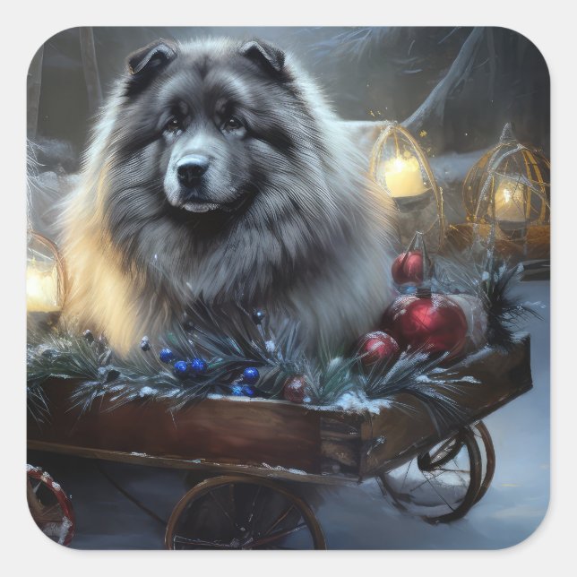 Keeshond Snowy Sleigh Christmas Decor Square Sticker (Front)