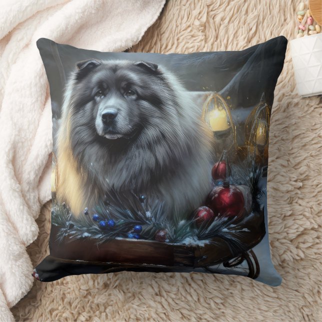 Keeshond Snowy Sleigh Christmas Decor Throw Pillow (Blanket)