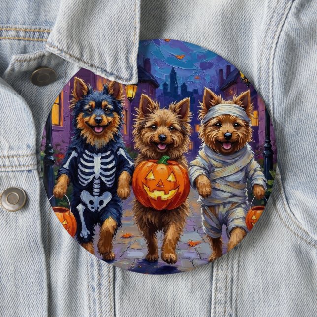Keeshond Trick-or-Treating in Halloween Costumes Button (In Situ)