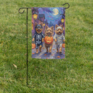 Keeshond Trick-or-Treating in Halloween Costumes Garden Flag